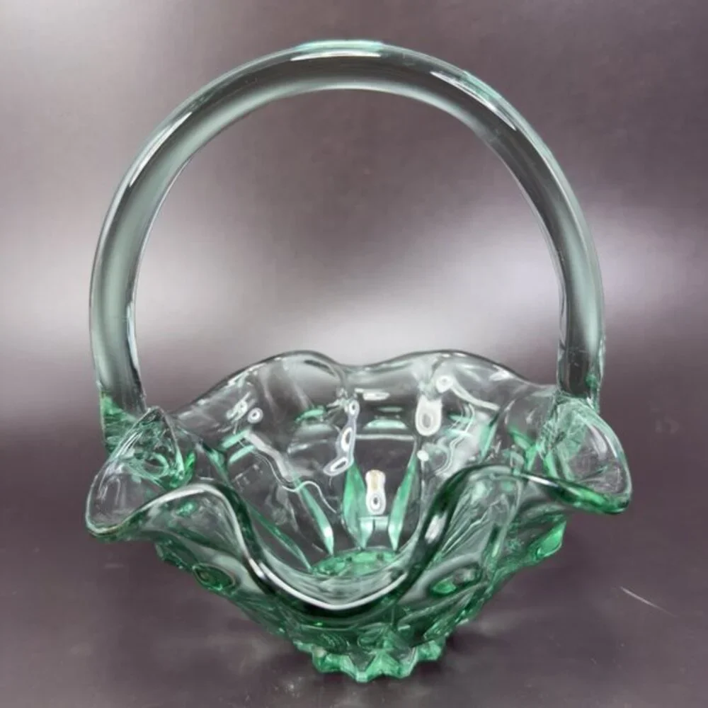 Vintage 1990s Fenton Sea Mist Green Glass Basket Ruffle‎ Edge Bowl W Handle VTG